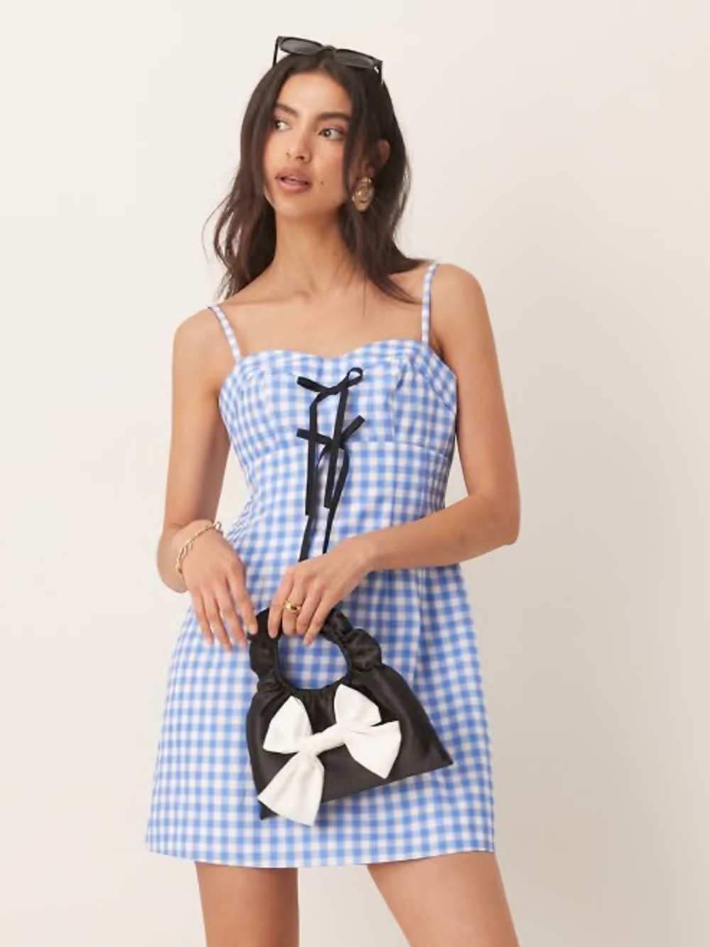 NWT Urban Outfitters Sister Jane Black Bow Lavender Gingham Mini Dress Size 12 - Picture 1 of 7